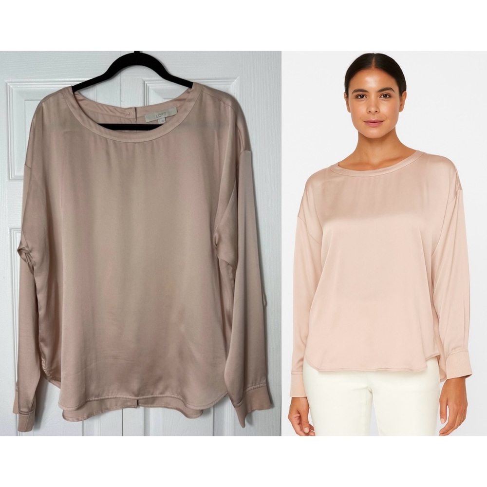 LOFT Ann Taylor Blush Pink Silky Satin Blouse Button Back Size Large